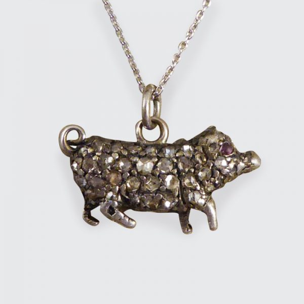 Antique Late Victorian Diamond and Ruby Pig on Platinum Chain