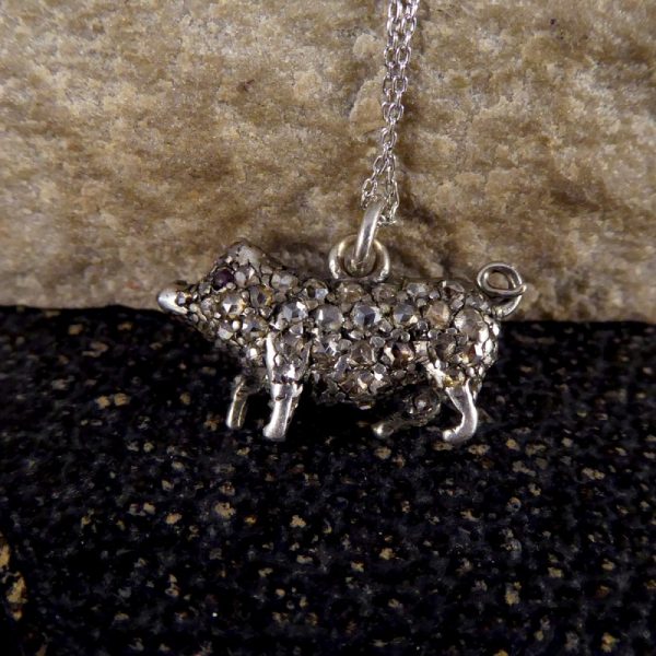 Antique Late Victorian Diamond and Ruby Pig on Platinum Chain