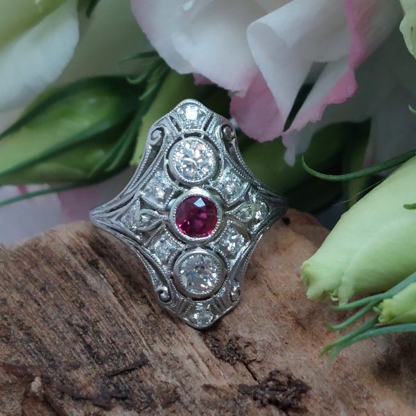 Antique Ruby and Diamond Plaque Dress Ring in Platinum