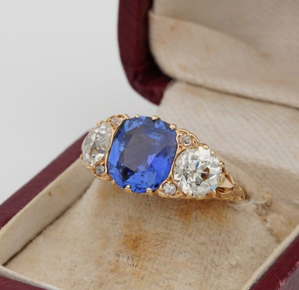 Antique rings - Antique Edwardian 3.48ct No Heat Ceylon Sapphire and 2.25ct Diamond Trilogy Ring
