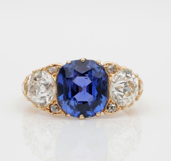 Antique Edwardian 3.48ct No Heat Ceylon Sapphire and 2.25ct Diamond Trilogy Ring