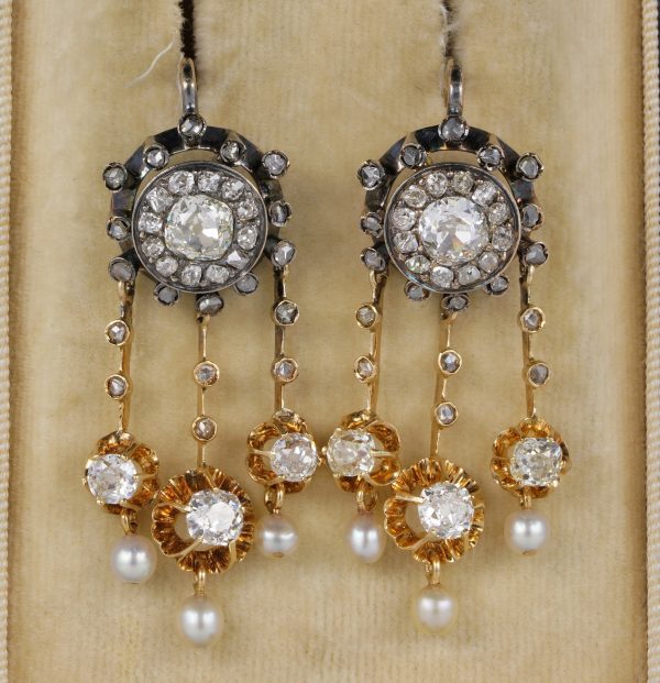 Antique Victorian 4.30ct Old Mine Cut Diamond and Natural Pearl Earrings