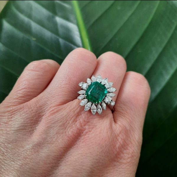 3.75ct Colombian Emerald and Marquise Diamond Floral Cluster Ring