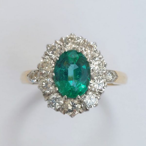 Vintage 1ct Emerald and Diamond Cluster Ring with gold band