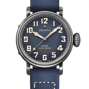 Zenith Pilot Type 20 Extra Special Watch; 40mm stainless steel case, blue dial with white SuperLuminova oversized Arabic numerals, on a blue leather strap. Model 11.1942.679/53.C808. Brand New with box, papers and two year manufacturer warranty