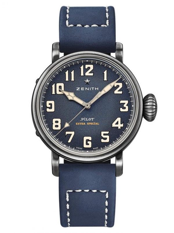 Zenith Pilot Type 20 Extra Special Watch; 40mm stainless steel case, blue dial with white SuperLuminova oversized Arabic numerals, on a blue leather strap. Model 11.1942.679/53.C808. Brand New with box, papers and two year manufacturer warranty