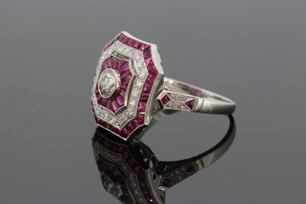 Art Deco Style Ruby and Diamond Cluster Dress Ring in Platinum