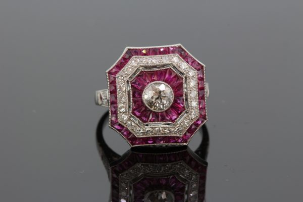 Art Deco Style Ruby and Diamond Cluster Dress Ring in Platinum
