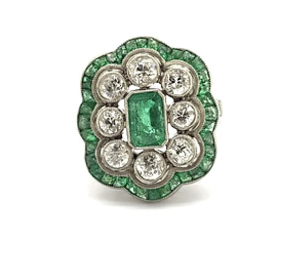 Vintage style Art Deco Emerald and diamond dress ring