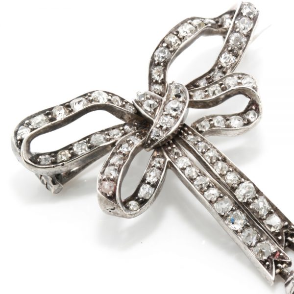 Antique Victorian Old Cut Diamond and Platinum Bow Brooch, 1.44 carat total, Circa 1890s