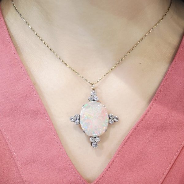 Antique Opal and Old Cut Diamond Pendant Brooch