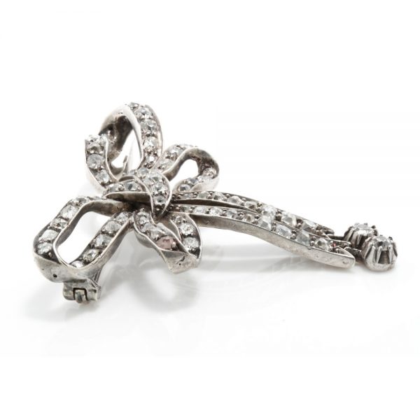 Antique Victorian Old Cut Diamond and Platinum Bow Brooch, 1.44 carats
