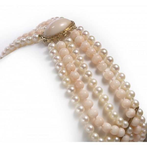 Vintage Coral and Cultured Pearl Five Row Necklace with Cabochon Coral Clasp in 18ct Yellow Gold, Circa 1970s