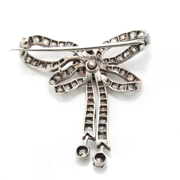 Antique Victorian Old Cut Diamond and Platinum Bow Brooch, 1.44 carats