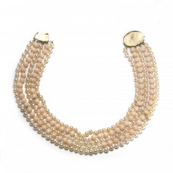 Vintage Coral and Cultured Pearl Five Row Necklace with Cabochon Coral Clasp in 18ct Yellow Gold, Circa 1970s