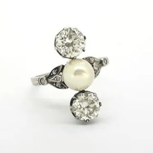 Antique Natural Pearl and Old Cut Diamond Trilogy Ring