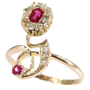 Antique Art Nouveau Ruby and Diamond Crossover Ring