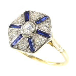 Antique Art Deco Hexagonal Old European Cut Diamond and Sapphire Ring