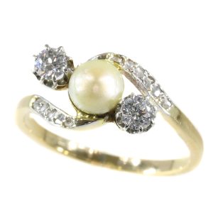 Antique Pearl and Old Brilliant Cut Diamond Three Stone Ring