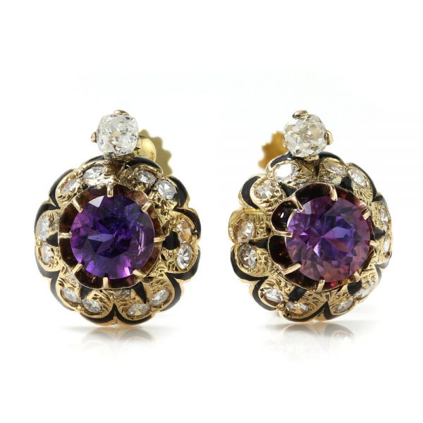 Antique Victorian Amethyst and Old Cut Diamond Cluster Earrings; 2cts natural round amethysts within 0.72cts old-cut diamond surrounds, with screw-back fittings, Made in England, Circa 1880s