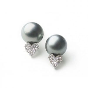 Vintage Tahitian Pearl and Diamond Heart Earrings; 13 to 13.5mm Tahitian pearls, each with a pavé set diamond heart below, in 14ct white gold, Circa 1990