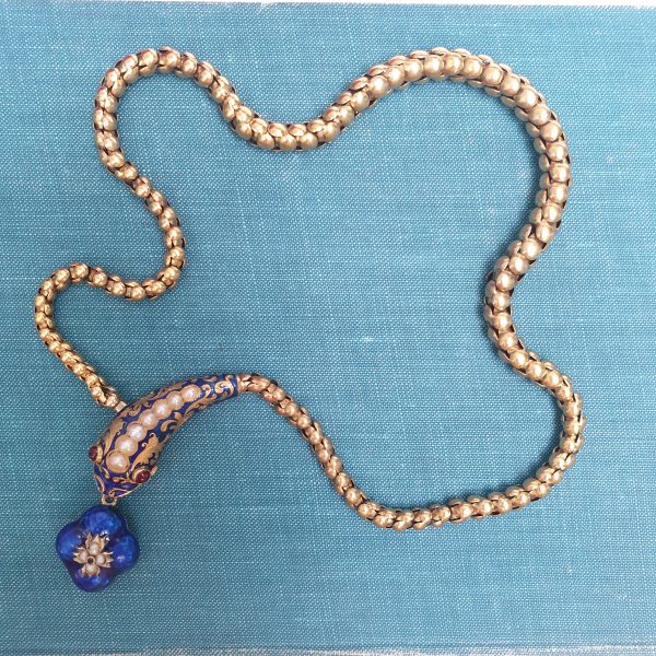 Antique Victorian Blue Enamel, Pearl and Gold Snake Necklace