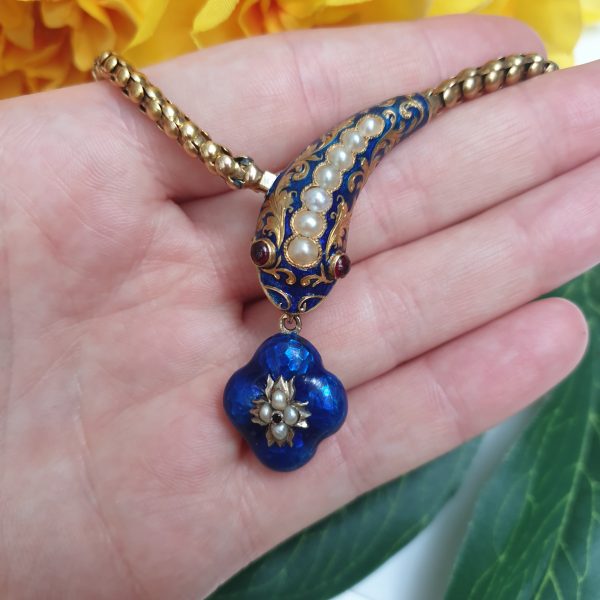 Antique Snake necklace victorian blue enamel and gold pearls Jewellery Discovery