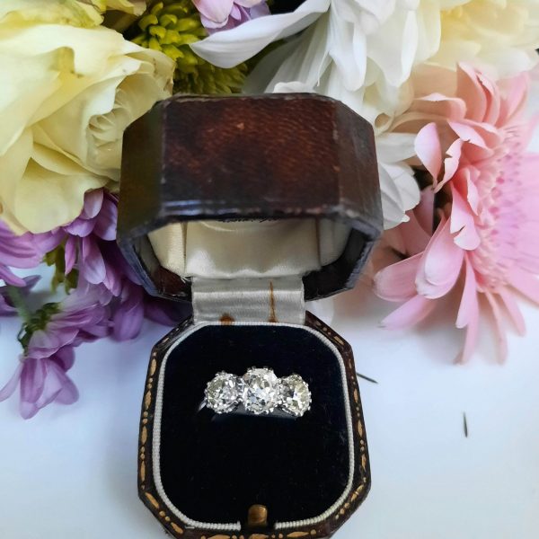 Old Cut Diamond Three Stone Ring, 3.65 carat total
