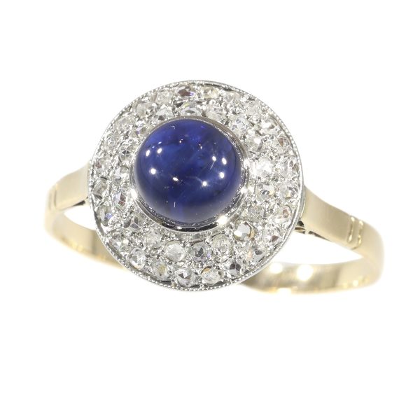 Antique Art Deco Diamond and High Domed Cabochon Sapphire Ring