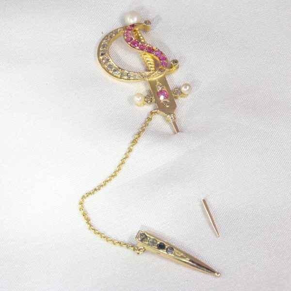 Antique Victorian Bejewelled Gold Sword Pin Brooch