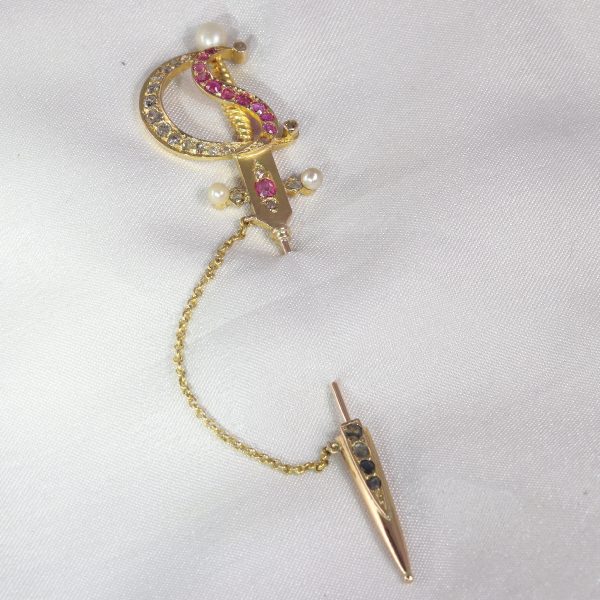 Antique Victorian Bejewelled Gold Sword Pin Brooch