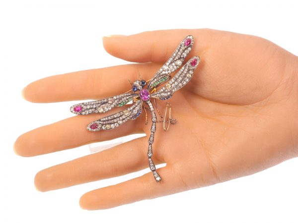 Magnificent Antique Art Nouveau Diamond and Gem Set Dragonfly Brooch