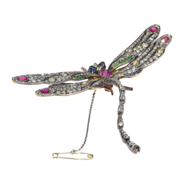 Magnificent Antique Art Nouveau Diamond and Gem Set Dragonfly Brooch