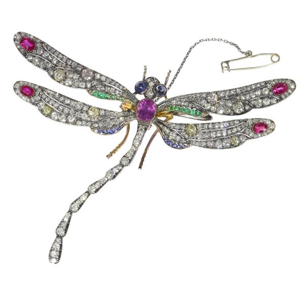 Magnificent Antique Art Nouveau Diamond and Gem Set Dragonfly Brooch