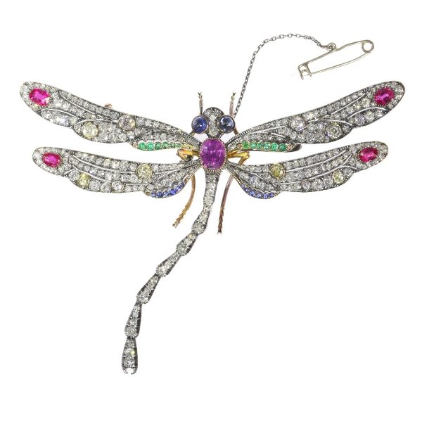 Magnificent Antique Art Nouveau Diamond and Gem Set Dragonfly Brooch