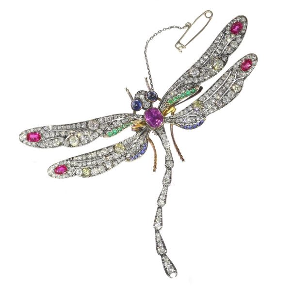 Magnificent Antique Art Nouveau Diamond and Gem Set Dragonfly Brooch