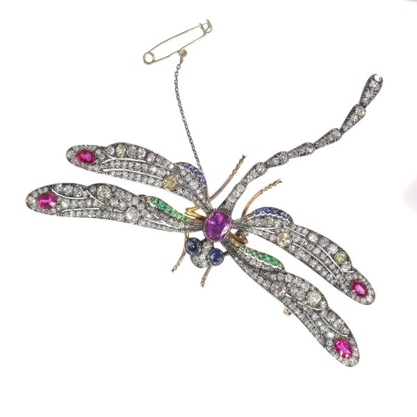 Magnificent Antique Art Nouveau Diamond and Gem Set Dragonfly Brooch