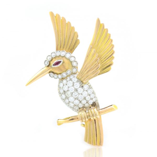 Vintage 18ct Yellow Gold Hummingbird Brooch with Diamonds and Ruby; the body set with 1.41cts round brilliant-cut diamonds, accented with a ruby-set eye. Circa 1950s