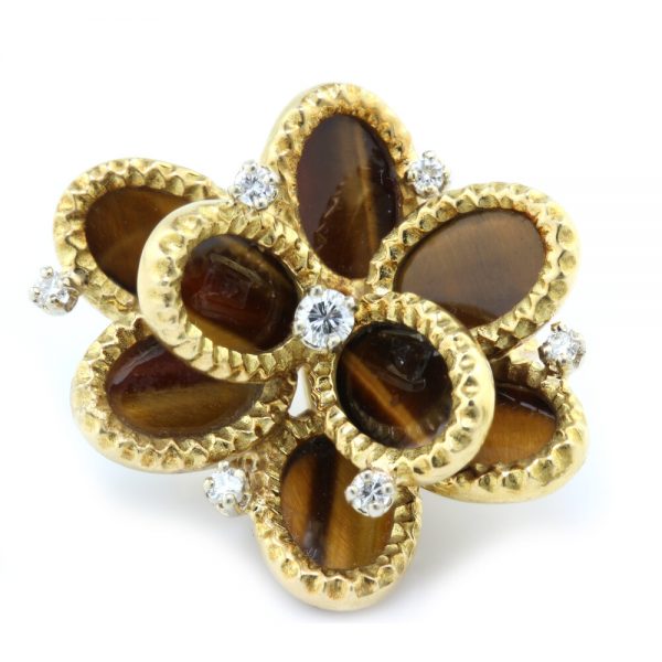 Vintage French Tigers Eye and Diamond Floral Cluster Clip On Earrings in 18ct Yellow Gold, Circa 1950s