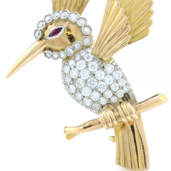 Vintage 18ct Yellow Gold Hummingbird Brooch with Diamonds and Ruby, Circa 1950s