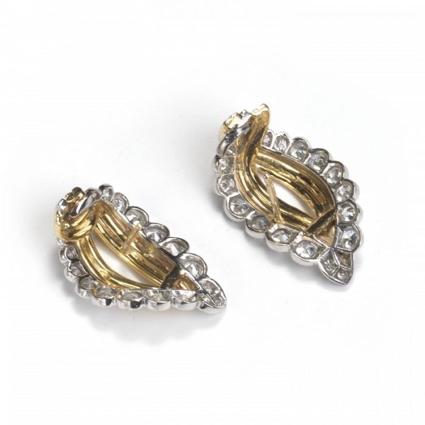Vintage Gold, Platinum and Diamond Leaf Shaped Earrings, 3.50 carat total, Circa 1950s-1960s