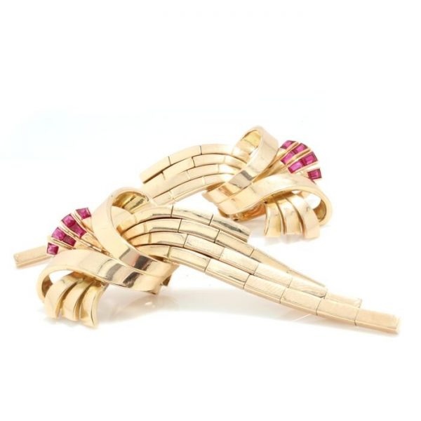 Vintage 18ct Yellow Gold Drop Earrings with Rubies; of a segmented bow design accented with 0.60cts rubies. Circa 1950s-1970s