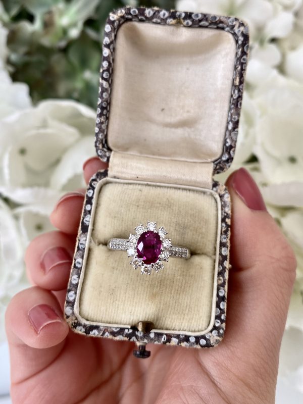 1.16ct Burma Ruby and Diamond Cluster Engagement Ring in Platinum