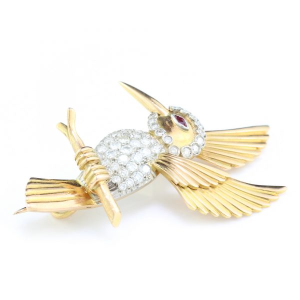 Vintage 18ct Yellow Gold Hummingbird Brooch with 1.41cts Diamonds and Ruby Eye, Circa 1950s