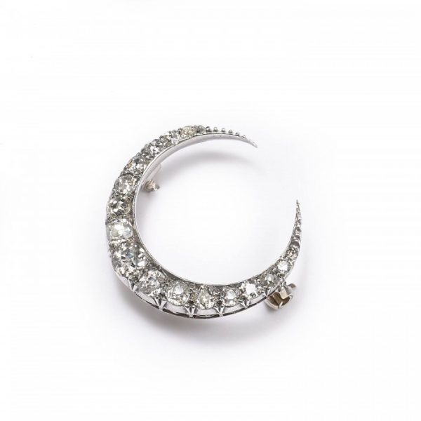 Antique Victorian Old Cut Diamond Crescent Brooch, set with 2.00 carats of graduating old mine-cut diamonds, mounted in silver-upon-gold, Circa 1860