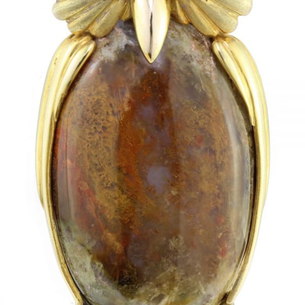 Vintage Wang Hing Moss Agate and Yellow Gold Owl Brooch, Made in China, Circa 1940s