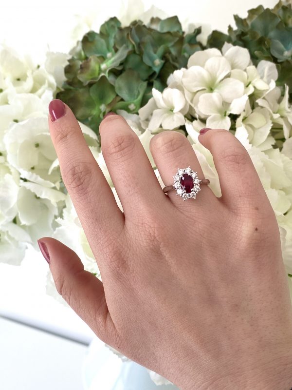 1.01ct Burma Ruby and Diamond Cluster Ring in 18ct White Gold. No heat treatment