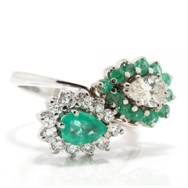 Vintage Emerald and Diamond Double Pear Cluster Crossover Ring in 18ct White Gold