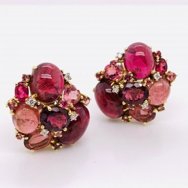 Pink Tourmaline and Diamond Cluster Earrings; set with mixed fancy cuts of pink tourmaline and round brilliant-cut diamonds, in yellow gold