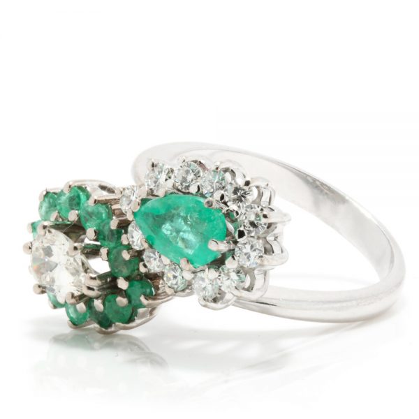 Vintage Emerald and Diamond Double Pear Cluster Crossover Ring in 18ct White Gold